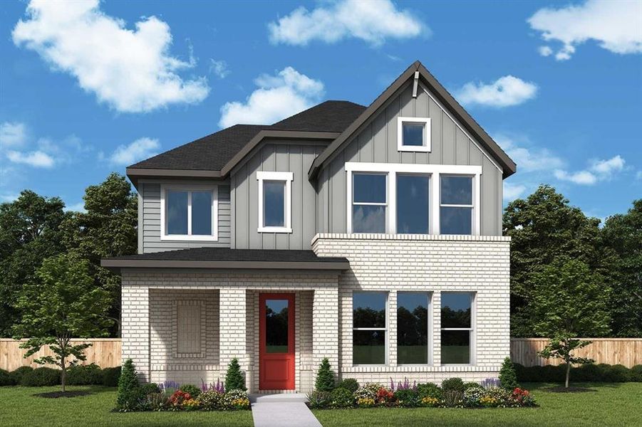 Front exterior of a new home in Painted Tree Woodland West – Village, McKinney, TX, highlighting curb appeal (Image 1).