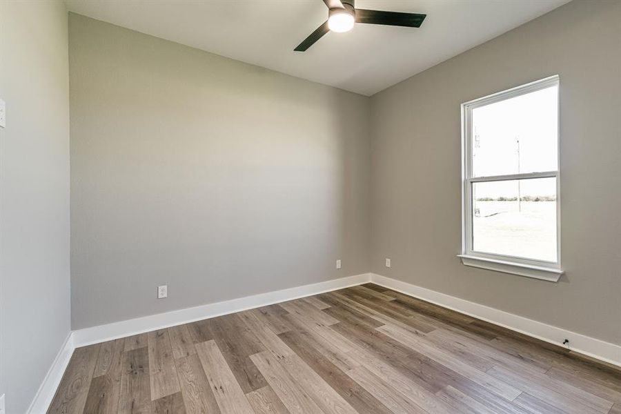 Unfurnished room featuring ceiling fan and light wood-type flooring