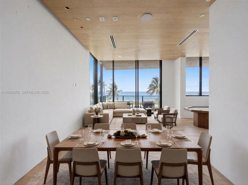 Rendering, virtually staged. Dining and living, second floor. Rendering, virtually staged. Dining and living, second floor.