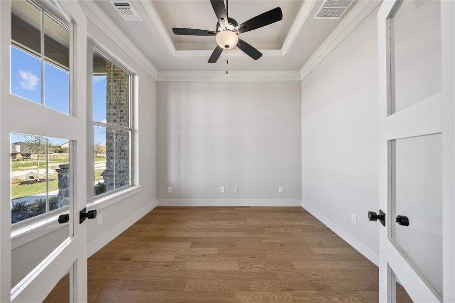 Empty room with wood finished floors, ceiling fan, a raised ceiling, french doors, and ornamental molding