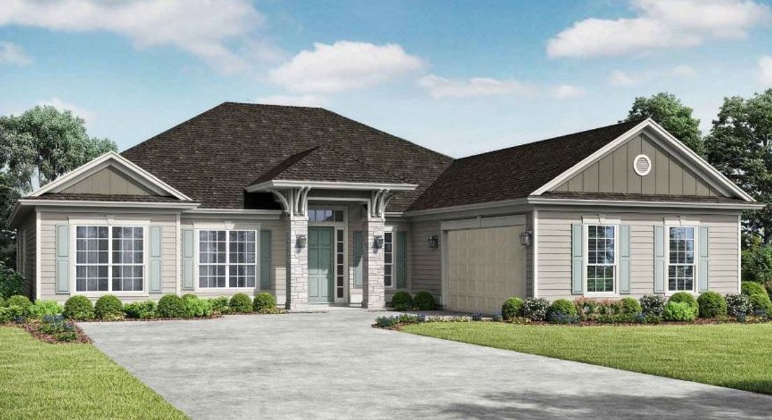 Representative exterior photo of a completed home built from the Hampton by SEDA New Homes in Edwards Creek Estates, Jacksonville, FL (Image 4). Representative exterior photo of a completed home built from the Hampton by SEDA New Homes in Edwards Creek Estates, Jacksonville, FL (Image 4).