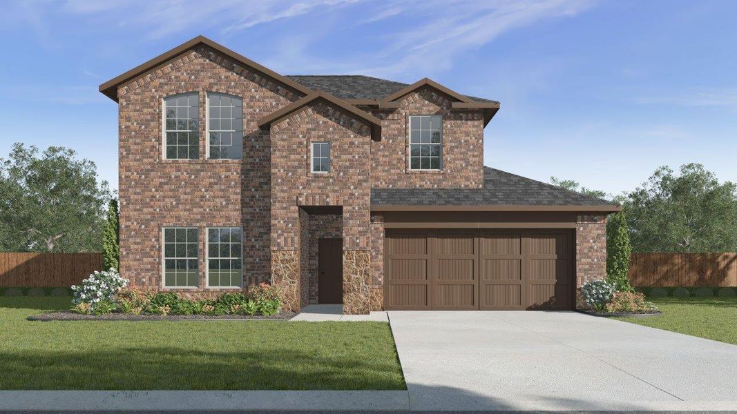 Front exterior of a new home in The Landing at Hidden Lakes, McKinney, TX, highlighting curb appeal (Image 1). Front exterior of a new home in The Landing at Hidden Lakes, McKinney, TX, highlighting curb appeal (Image 1).