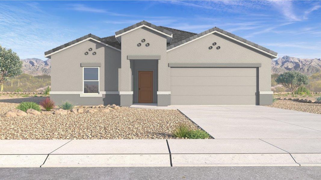 Front exterior of a new home in Sahuarita Acres, Sahuarita, AZ, highlighting curb appeal (Image 1).