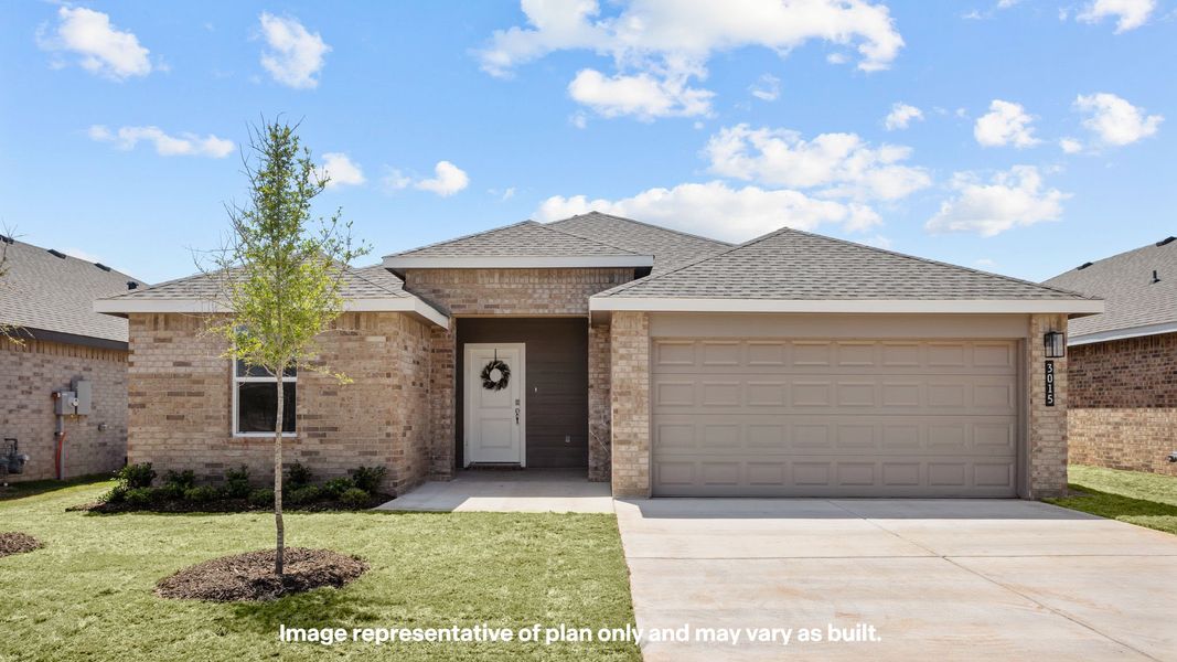 Representative exterior photo of a completed home built from the The Denton by D.R. Horton in Allen Farms, Lubbock, TX (Image 1).