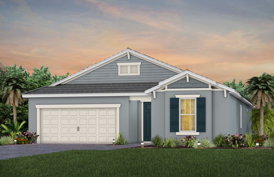 Front exterior of a new home in Del Webb Oak Creek, Fort Myers, FL, highlighting curb appeal (Image 29).