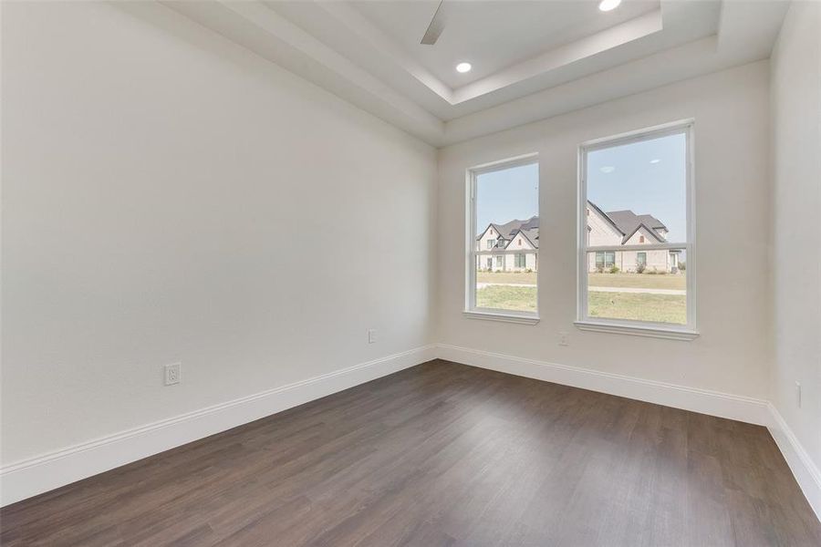 Unfurnished room with dark hardwood / wood-style floors and a tray ceiling