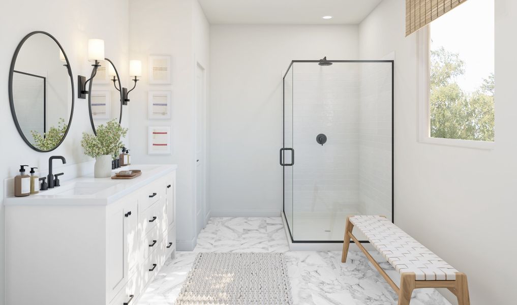 Primary bath with matte black finishes