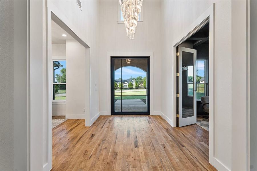 Foyer featuring a healthy amount of sunlight, light wood-type flooring, and a high ceiling