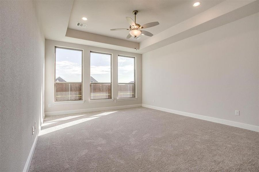 Unfurnished room featuring ceiling fan, carpet floors, and a tray ceiling