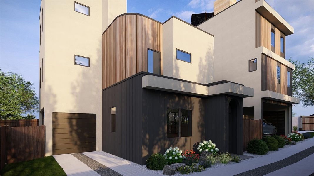 The property features a modern architectural style with light-colored stucco, dark paneling, and wood accents