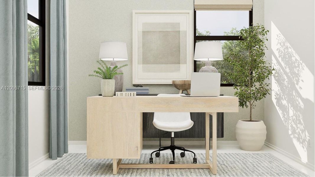 This bedroom boasts a flexible location on the first floor, perfect for a guest suite or home office, as shown here. This bedroom boasts a flexible location on the first floor, perfect for a guest suite or home office, as shown here.