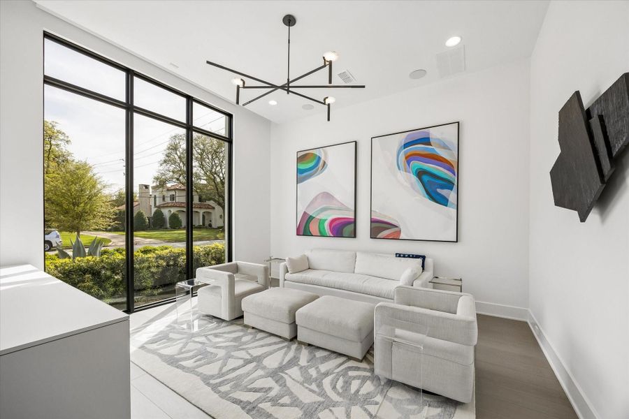 Downstairs closed off TV room with glass doors. Downstairs closed off TV room with glass doors.