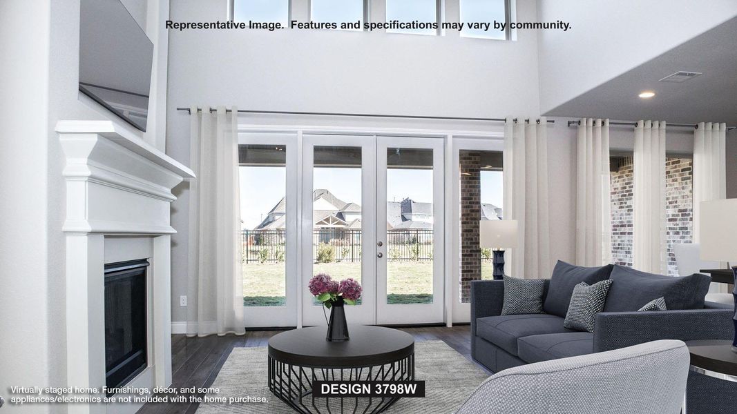 Living room featuring french doors, wood finished floors, and a glass covered fireplace Living room featuring french doors, wood finished floors, and a glass covered fireplace