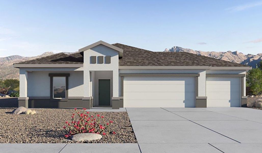 Front exterior of a new home in Sycamore Vista, Vail, AZ, highlighting curb appeal (Image 1).