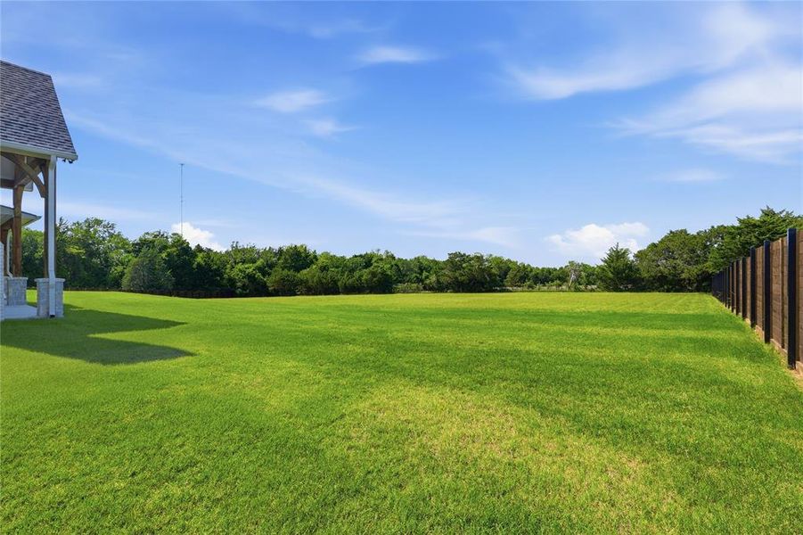 Expansive green lawn with a privacy fence bordering one side and mature trees defining the property line
