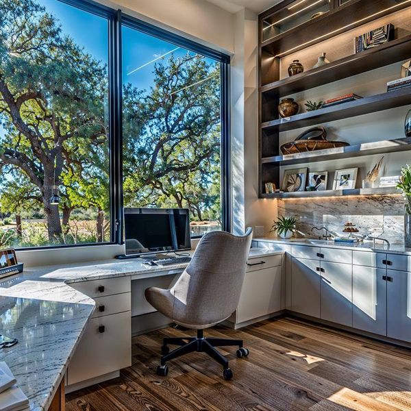 Office area with dark wood-type flooring