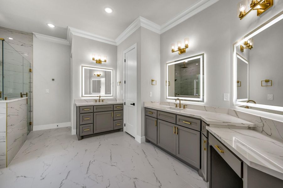 Plenty of room in the primary bath for double sinks and a separate lighted vanity area. There is also separate his and her’s water closets for added privacy. Plenty of room in the primary bath for double sinks and a separate lighted vanity area. There is also separate his and her’s water closets for added privacy.