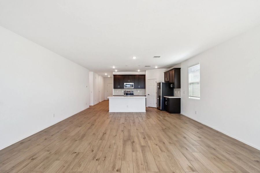 Great room, dining and kitchen