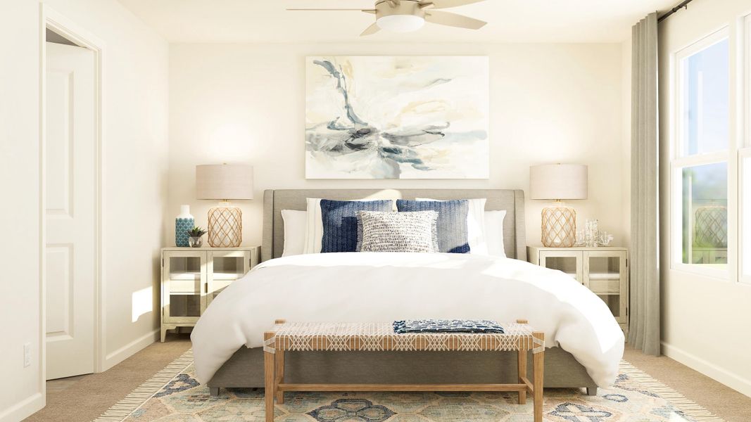 A bedroom with a bed and a painting on the wall. A bedroom with a bed and a painting on the wall.