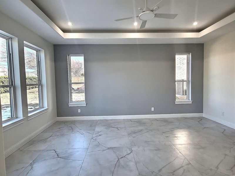 Master Bedroom with ceiling fan, plenty of natural light, and a tray ceiling