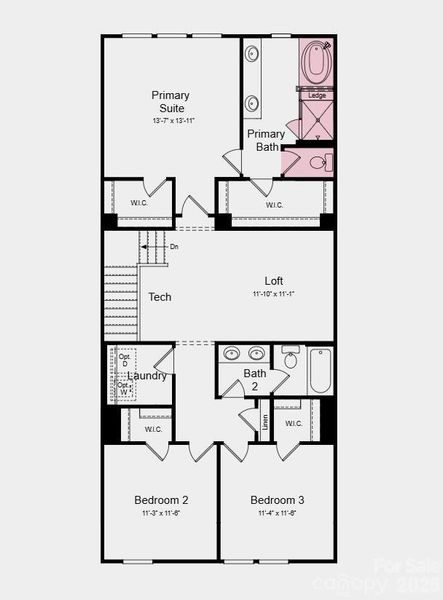 Second Floor Plan - Additional Highlights Include: tub and shower in the primary bath, 30" gas slide-in range, trash roll out cabinet in the kitchen, and quick tread and painted risers at stairs