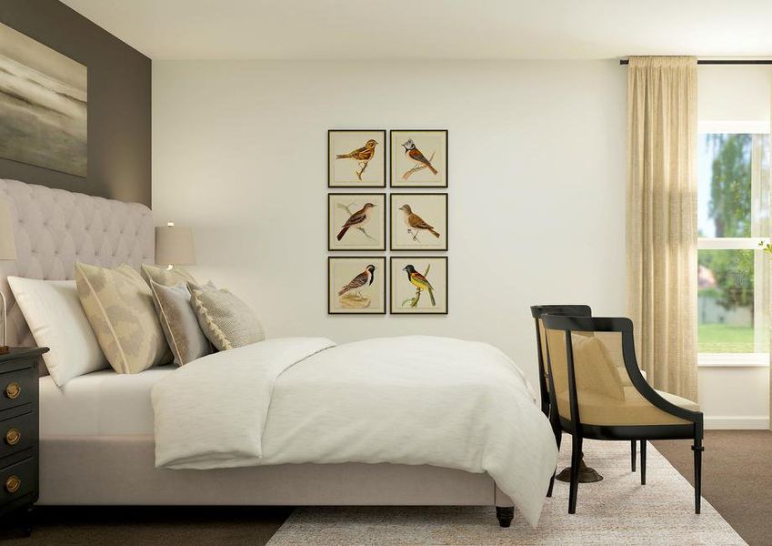 Rendering of a master bedroom furnished
  with a large white bed and a bench at the end of the bed.