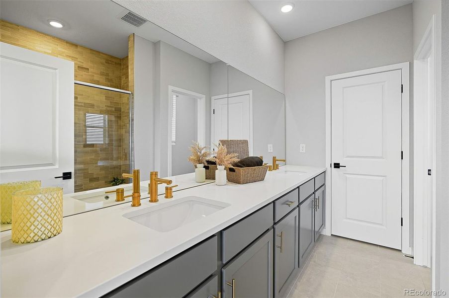 Primary 4-Piece Bath with dual vanity & linen closet; private water closet on right