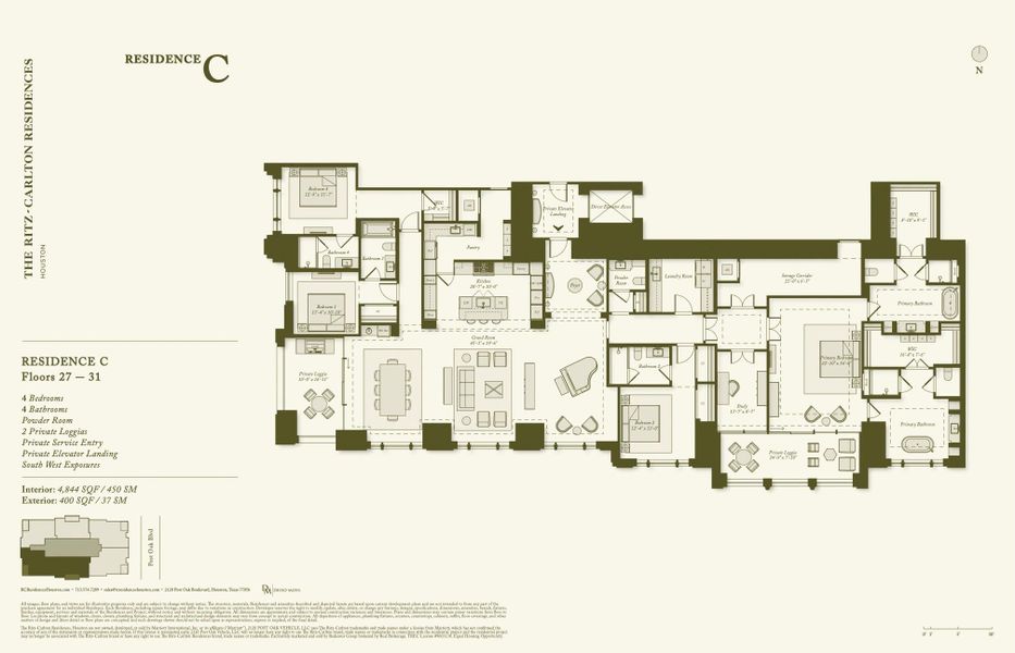 This 4,844 sq ft residence features 4 bedrooms, 4.5 baths, and 2 private loggias. The grand room spans an impressive 45' x 19' and includes a dedicated wet bar, ideal for entertaining alongside a formal dining area. The primary suite offers separate his-and-her bathrooms and walk-in closets, complemented by a spacious study and an additional storage corridor.