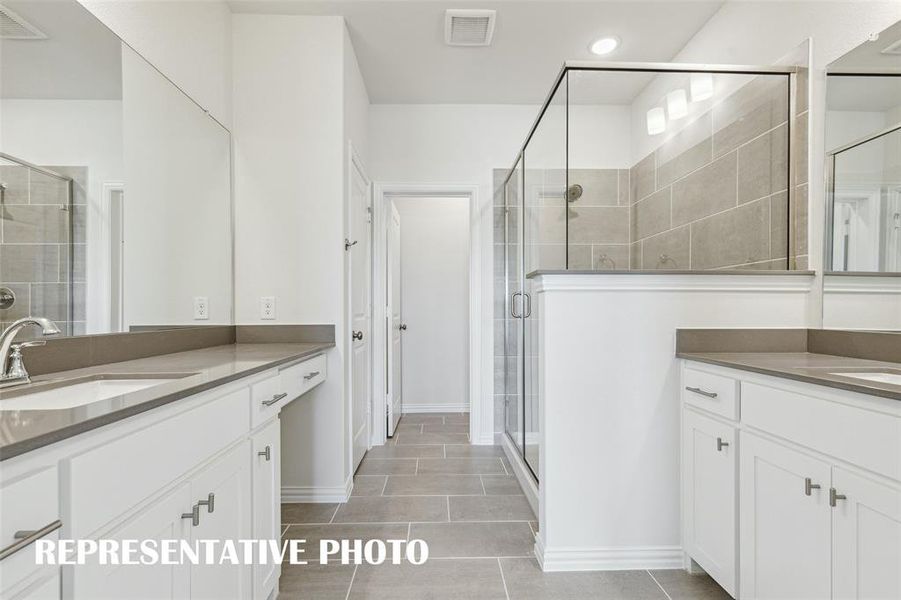 Your dream owner's bath offers a large, walk in shower paired with his and her vanities.  REPRESENTATIVE PHOTO