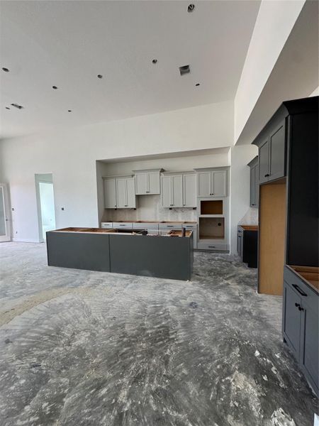 High Ceiling kitchen with spacious cabinets and countertop