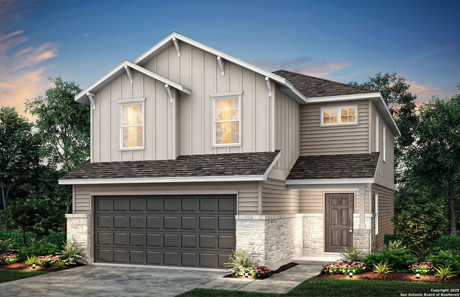 Front exterior of a new home in Davis Ranch, San Antonio, TX, highlighting curb appeal (Image 1).