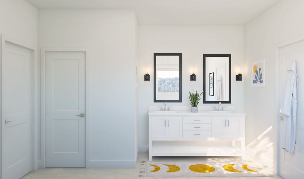 Primary bath with dual sinks and chrome fixtures throughout