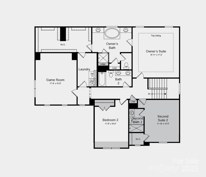 Additional highlights include: tray ceilings, fireplace in great room, metal roof in place of shingles, door from primary closet to laundry room, screened covered outdoor living, ledge at primary shower, additional bathroom upstairs.