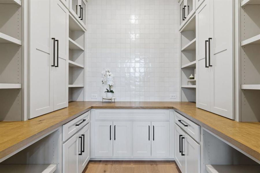 Inside Hidden Pantry with Great Storage, Gorgeous Cabinetry, Countertop & Tile Backsplash!