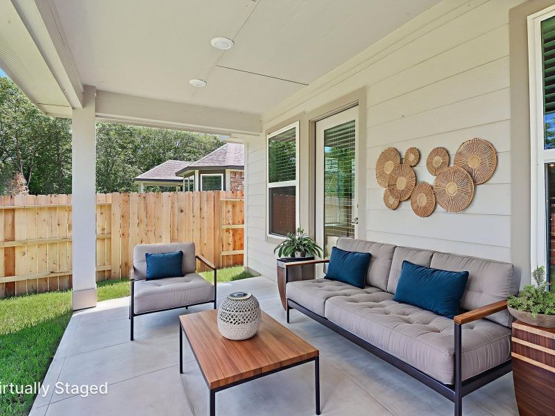 Exterior details and patio area of a home in Sanford Farms - Classic Series, Waller (Image 2). Exterior details and patio area of a home in Sanford Farms - Classic Series, Waller (Image 2).