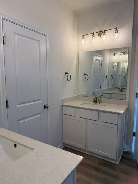 Bathroom featuring white cabinetry, light-toned countertops, a rectangular sink, a four-light vanity fixture with clear glass shades, and wood-finish flooring