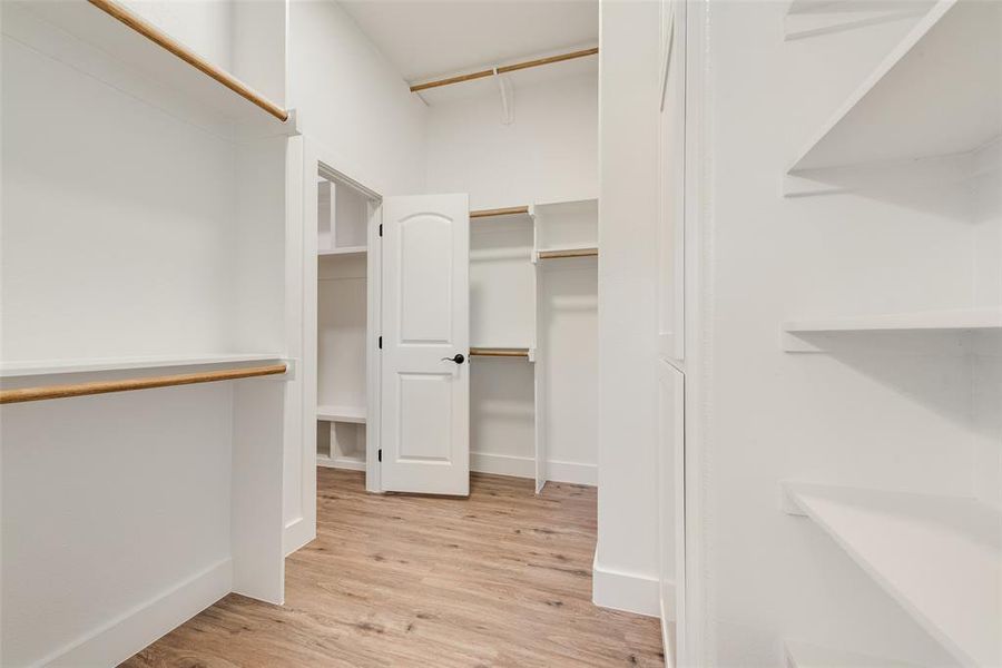 Walk in closet with light wood-type flooring