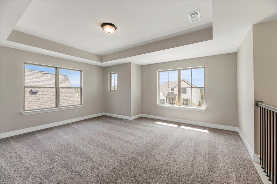 Spare room featuring light carpet and a tray ceiling