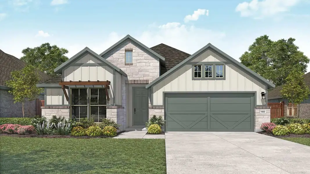 Representative exterior photo of a completed home built from the Mahogany by DRB Homes in Whisper South, San Marcos, TX (Image 6). Representative exterior photo of a completed home built from the Mahogany by DRB Homes in Whisper South, San Marcos, TX (Image 6).