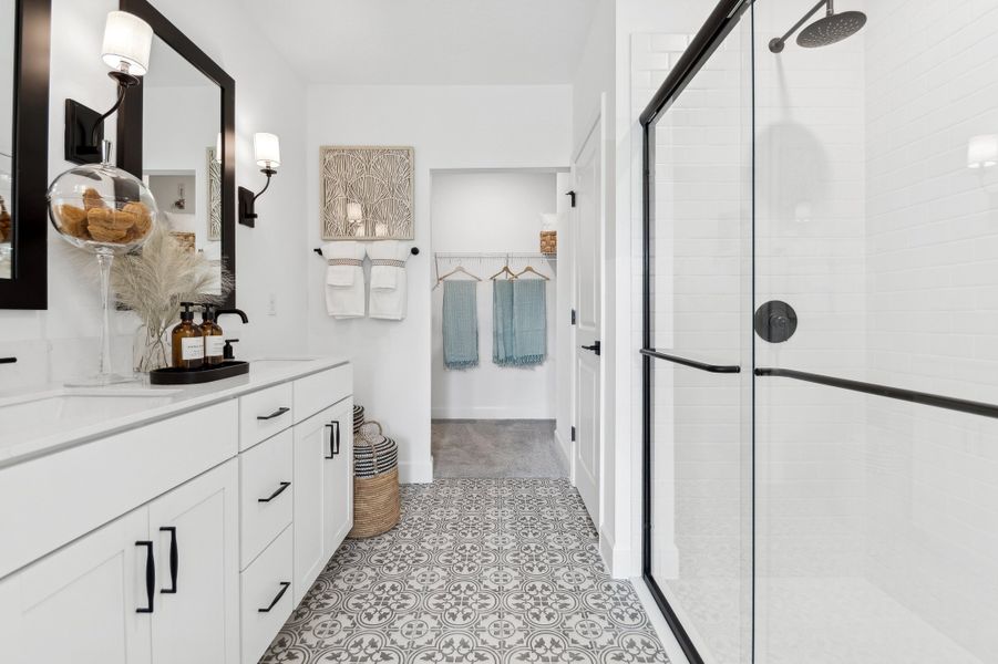 Primary bath with shower and freestanding vanity