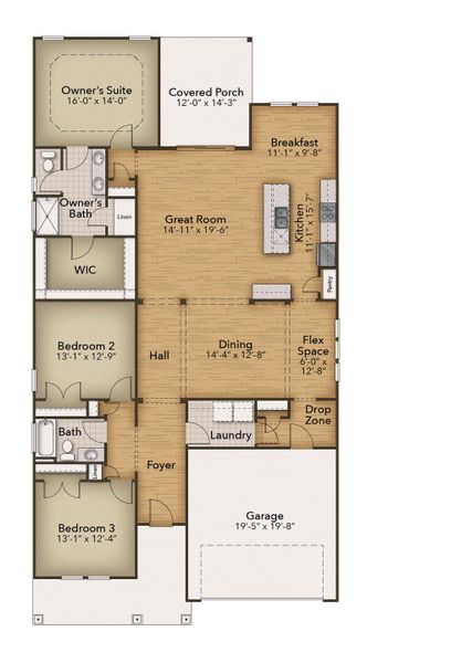 2D floor plan layout for the The Boardwalk by Chesapeake Homes in The Willows, Loris, SC (Image 5).