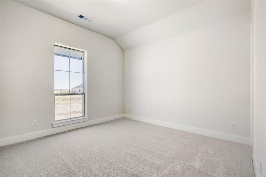 Empty room featuring light carpet and vaulted ceiling