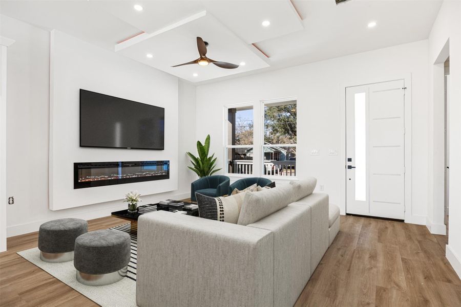 Living room, virtually staged.