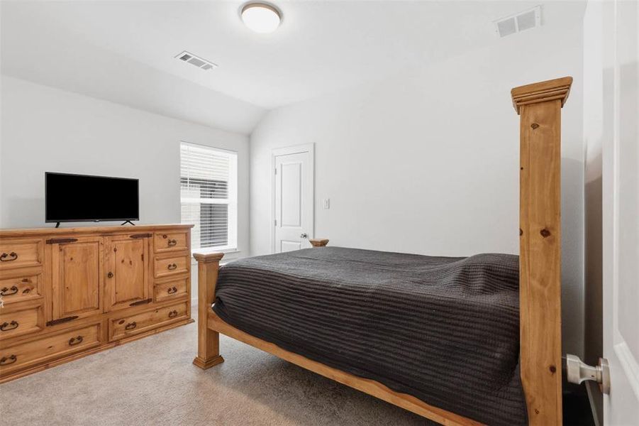 Carpeted bedroom featuring a white door, a window with blinds, and a ceiling light fixture