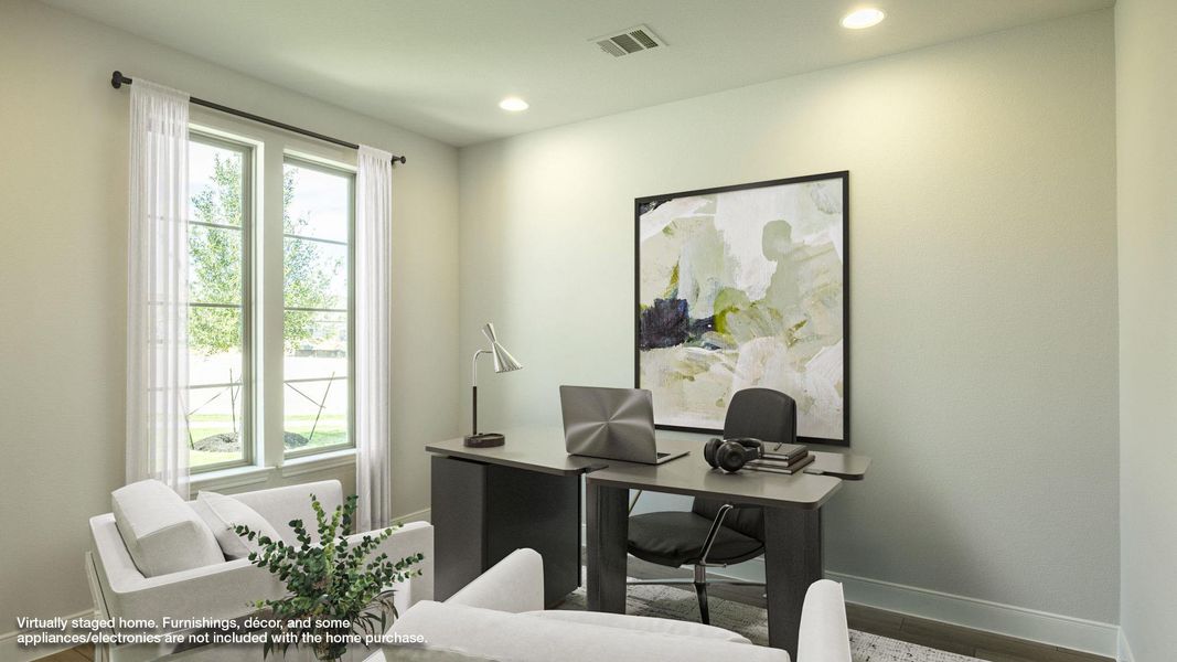 Office space featuring baseboards, healthy amount of natural light, wood finished floors, and recessed lighting Office space featuring baseboards, healthy amount of natural light, wood finished floors, and recessed lighting