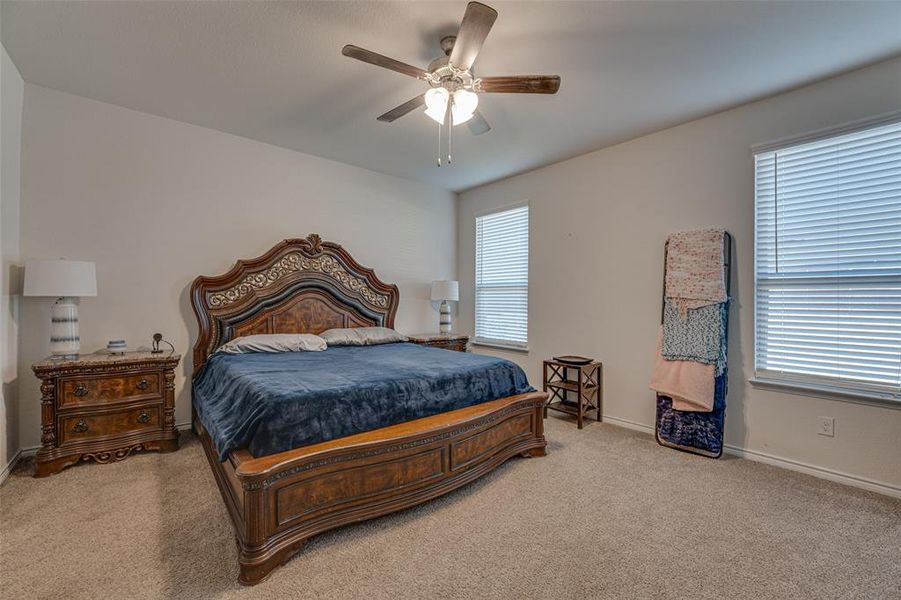 Bedroom with carpet floors and a ceiling fan