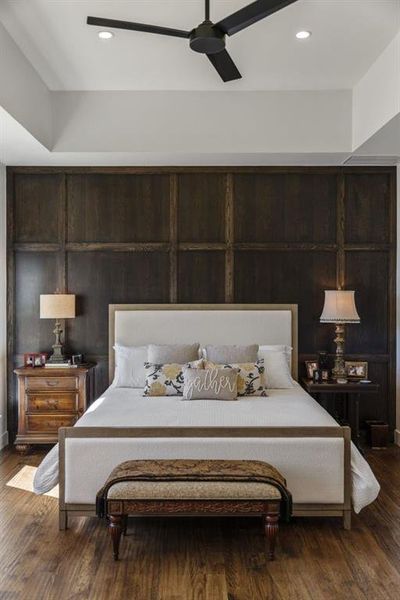 Primary Bedroom featuring dark wood finished floors, a ceiling fan, and recessed lighting