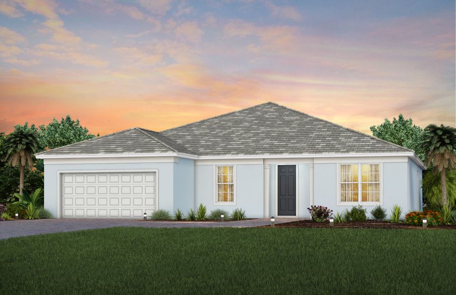 Front exterior of a new home in Del Webb Oak Creek, North Fort Myers, FL, highlighting curb appeal (Image 30). Front exterior of a new home in Del Webb Oak Creek, North Fort Myers, FL, highlighting curb appeal (Image 30).