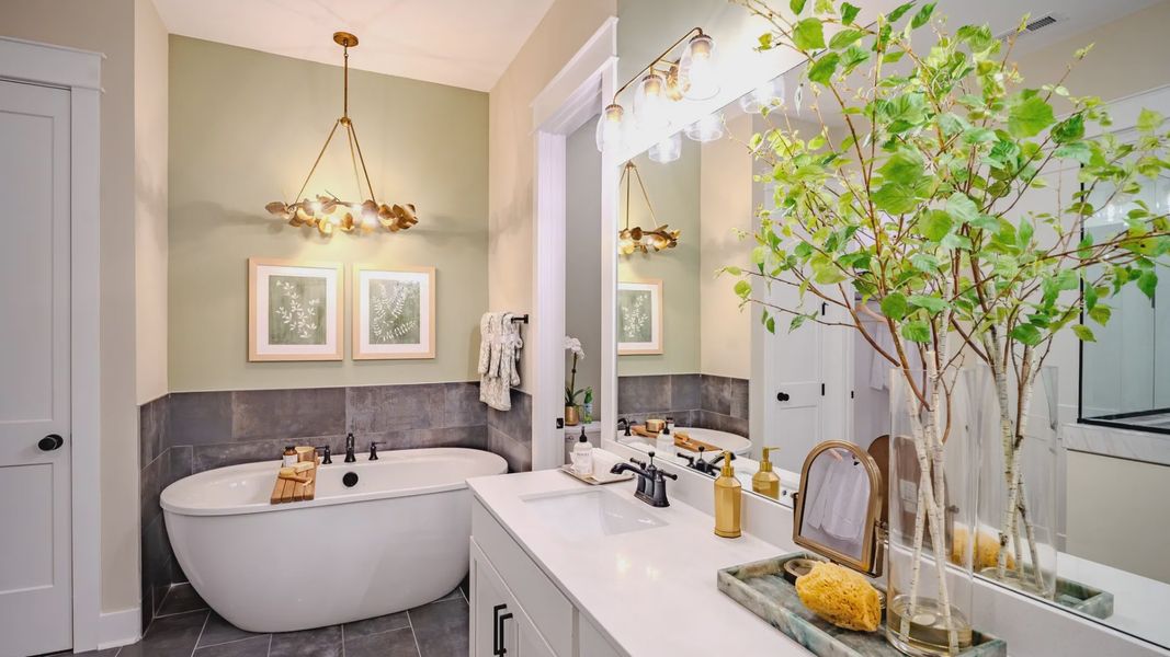 Primary bathroom with dual vanity and soaking tub Primary bathroom with dual vanity and soaking tub