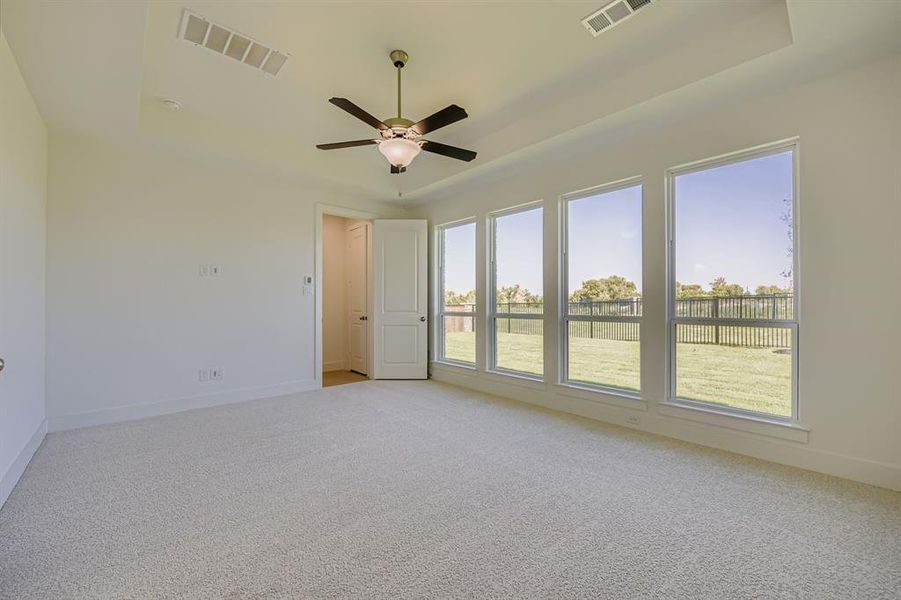 Empty room featuring a raised ceiling, light carpet, and a ceiling fan